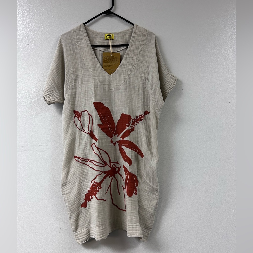 Kealopico Lahi Walea Dress tan Pua Alaalo small with pockets 100% linen